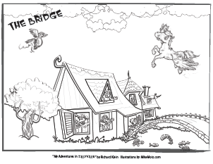 Printable coloring page of the house and bridge from Sillyville
