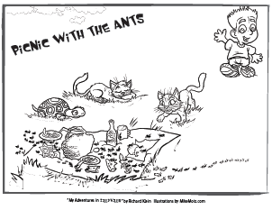 Printable coloring page of the picnic with ant in Sillyville