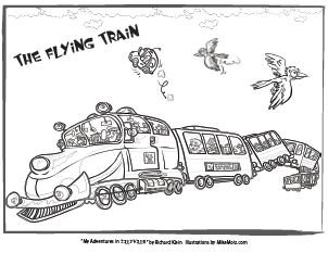 Printable coloring page of the flying train from Sillyville